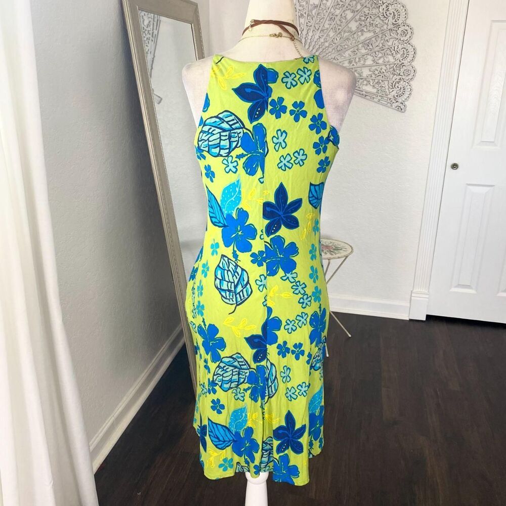 Early 2000's Y2K Lime Green Blue Hawaii Flower Mini Dress S - Picture 5 of 7